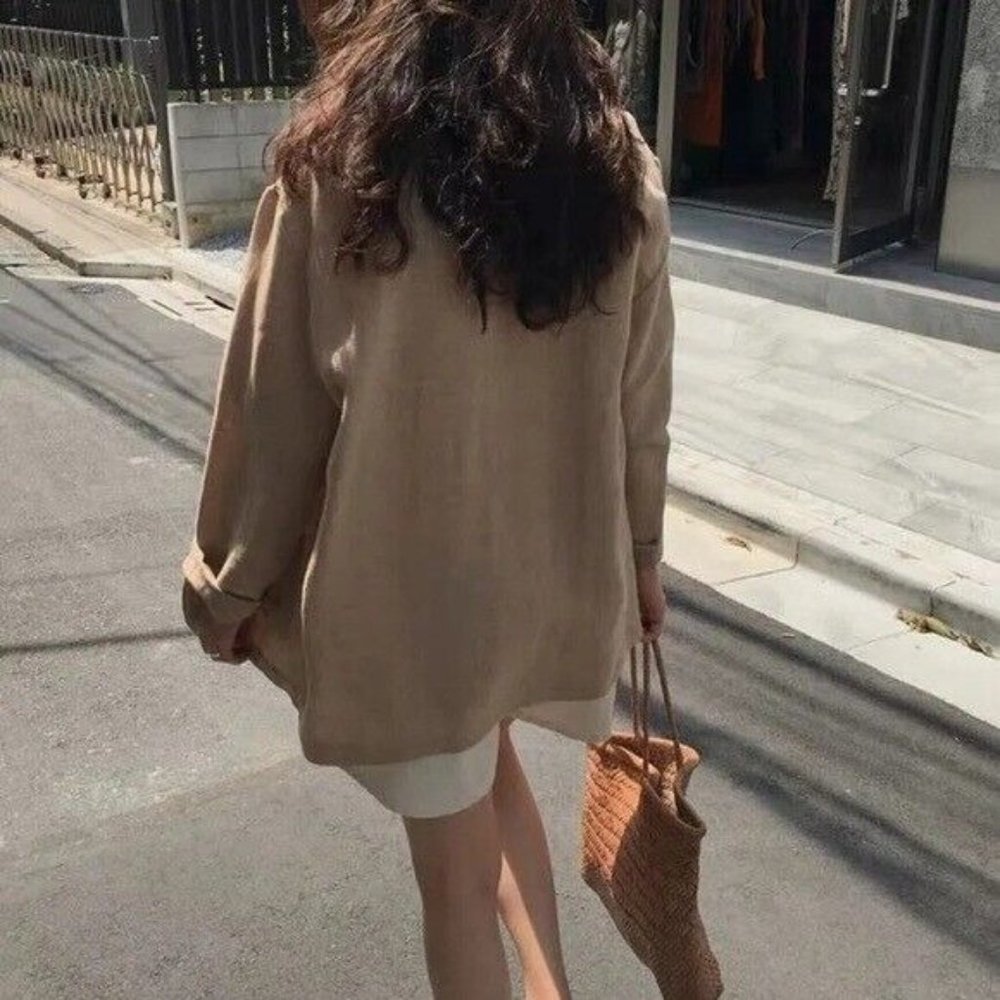 Harve Benard Tan Open Front Linen Blazer Lagenlook Women’s Size 12 oversized - Picture 2 of 9